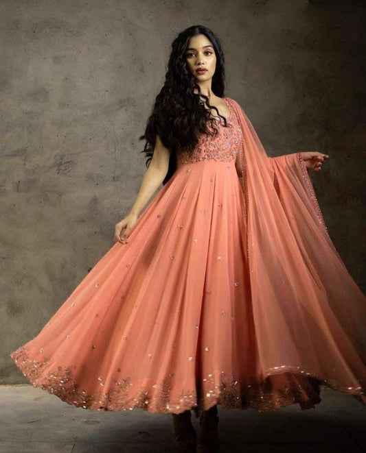 Energetic Peach Color Georgette Sequence Work Salwar Suit For Ladies