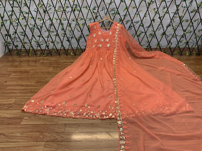 Energetic Peach Color Georgette Sequence Work Salwar Suit For Ladies