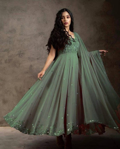 Festival Wear Green Color Embroidered Designer Work Georgette Salwar Suit