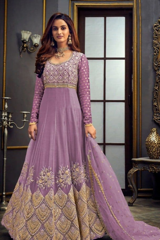 Staggering Violet Color Wedding Wear Stone Sequence Silk Salwar Suit