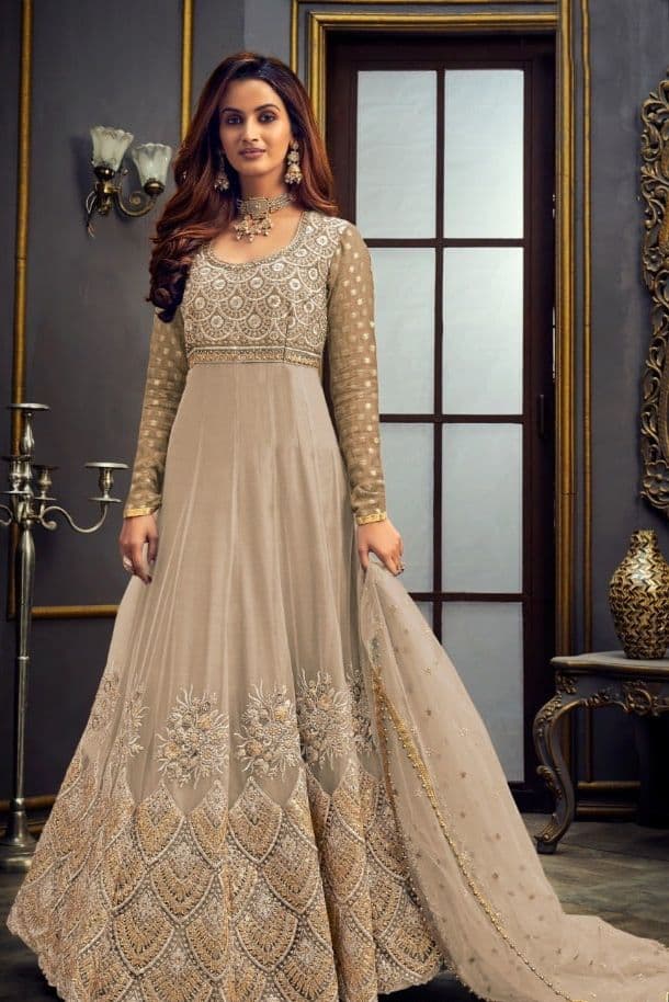 Fantastic Cream Color Silk Designer Embroidered Stone Work Salwar Suit