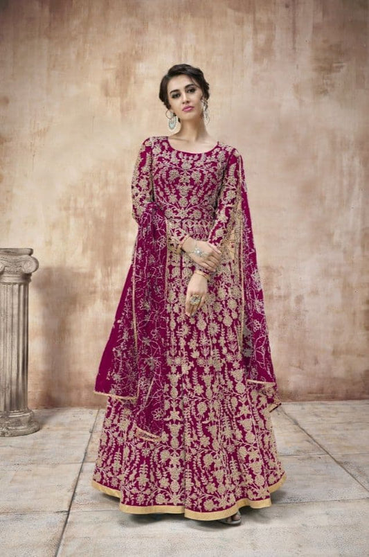 Dismaying Rani Pink Color Net Stone Coding Work Salwar Suit For Women