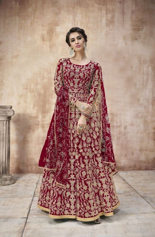 Thrilling Red Color Net Occasion Wear Coding Work Salwar Suit