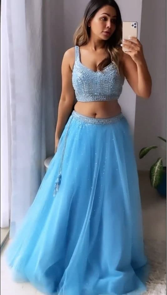 Pleasant Light Blue Color Net Sequence Work Lehenga Choli For Women