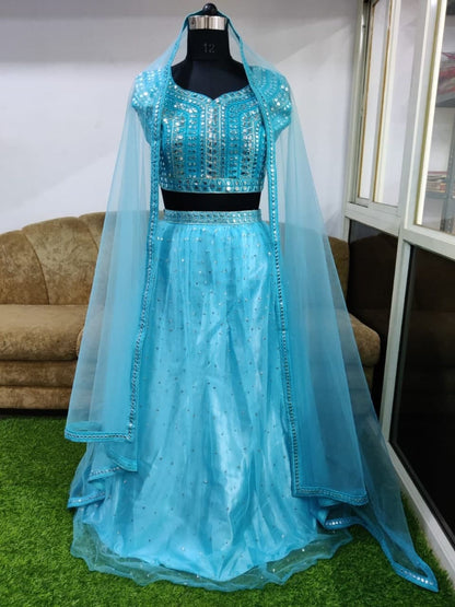 Pleasant Light Blue Color Net Sequence Work Lehenga Choli For Women