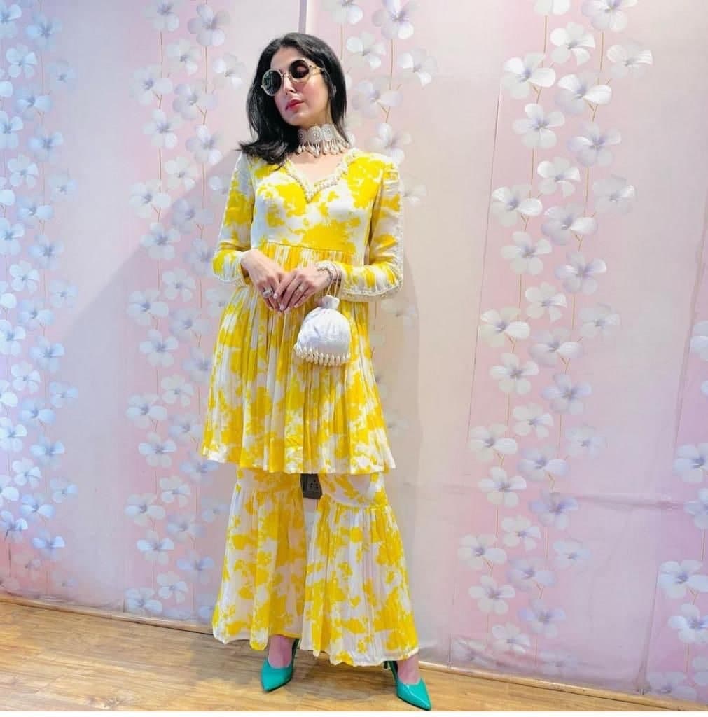 Adorable Yellow Color Chinon Silk Printed Plazo Kurti For Women