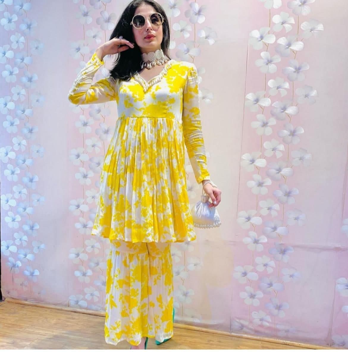 Adorable Yellow Color Chinon Silk Printed Plazo Kurti For Women