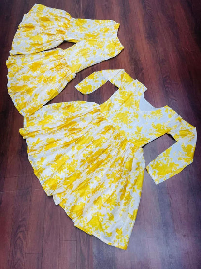Adorable Yellow Color Chinon Silk Printed Plazo Kurti For Women