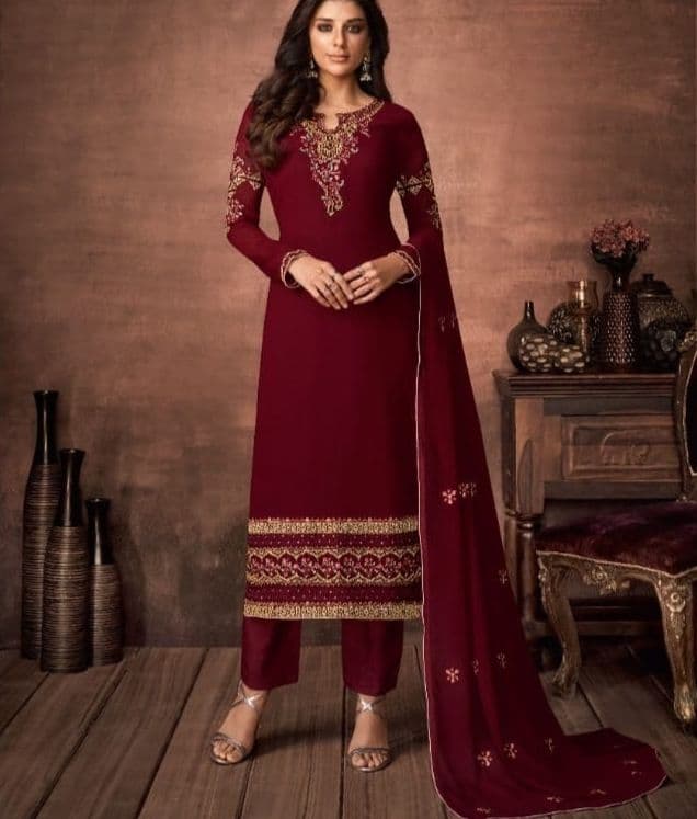 Sophisticated Maroon Color Function Wear Embroidered Work Georgette Salwar Suit