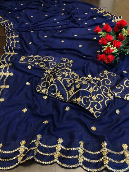 Mind-blowing Blue Color Wedding Wear Silk Sequence Work Saree Blouse