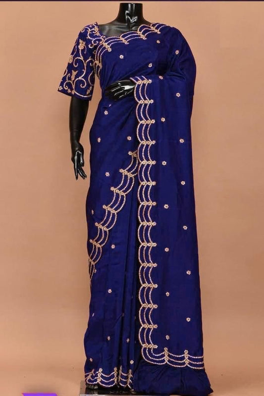 Mind-blowing Blue Color Wedding Wear Silk Sequence Work Saree Blouse