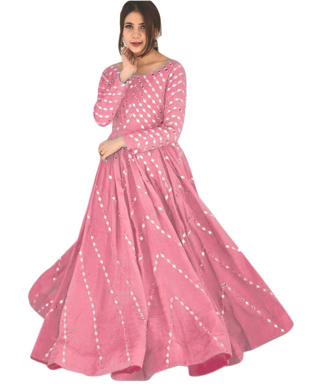 Classic Real Mirror Work Semi Stitched Silk Base Gown For Women
