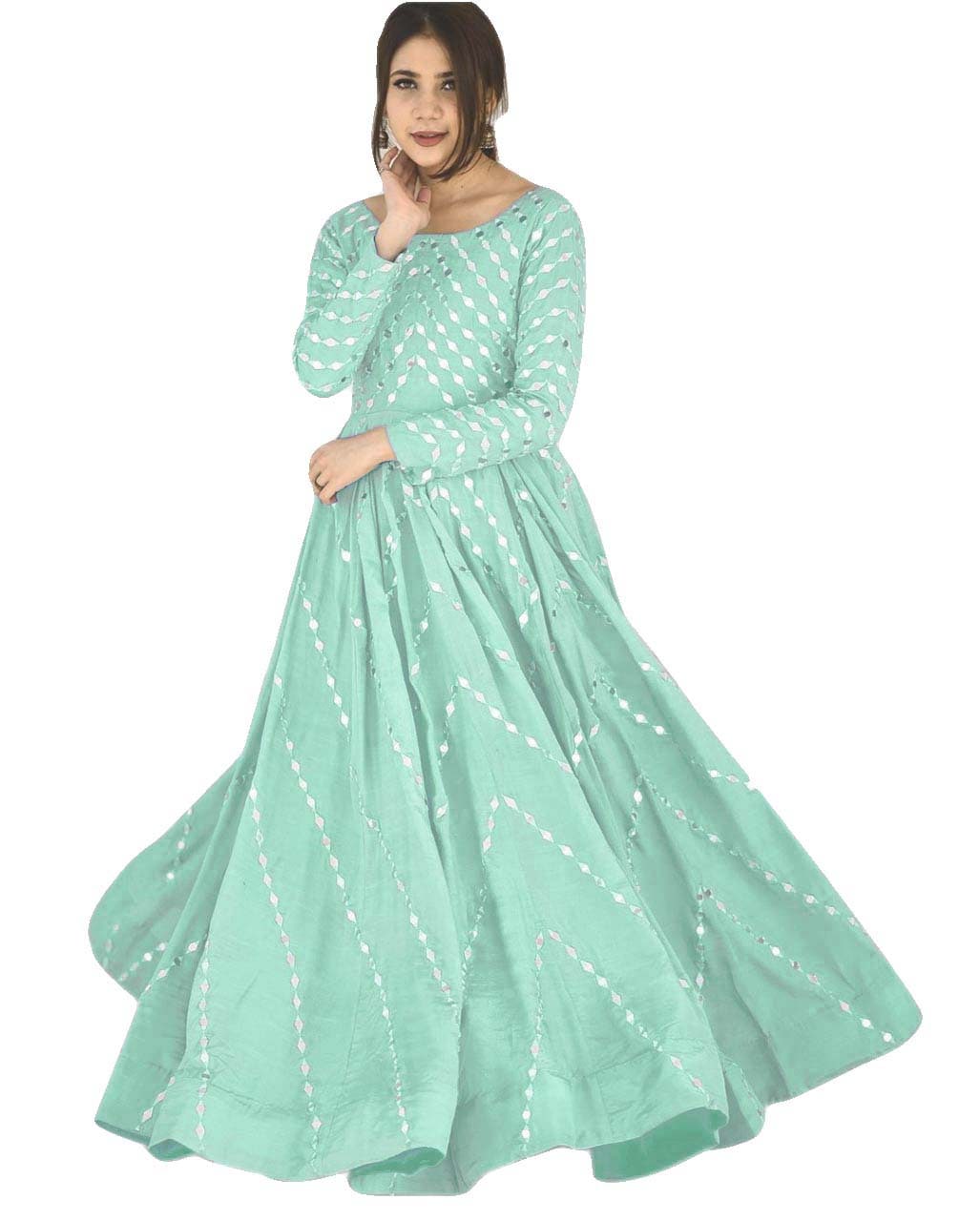 Classic Real Mirror Work Semi Stitched Silk Base Gown For Women