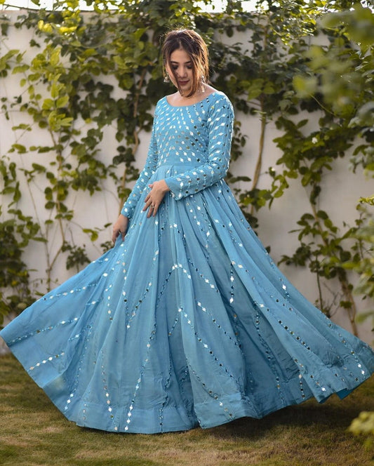 Classic Real Mirror Work Semi Stitched Silk Base Gown For Women