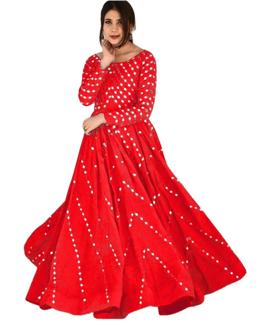 Classic Real Mirror Work Semi Stitched Silk Base Gown For Women