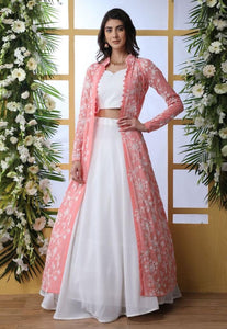 Sizzling Peach Color Designer Georgette Chain Stitch Work Koti With Lehenga Choli For Wedding Wear