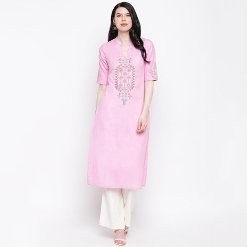 Blooming Light Pink Color Ready Made Party Wear Cotton Embroidered Work Kurti