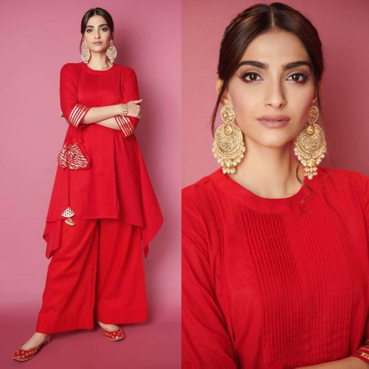 Red Color Rayon Gotta Patti Work Readymade Kurta Plazo For Women
