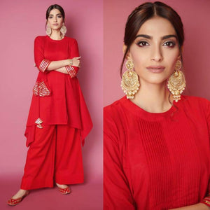 Red Color Rayon Gotta Patti Work Readymade Kurta Plazo For Women