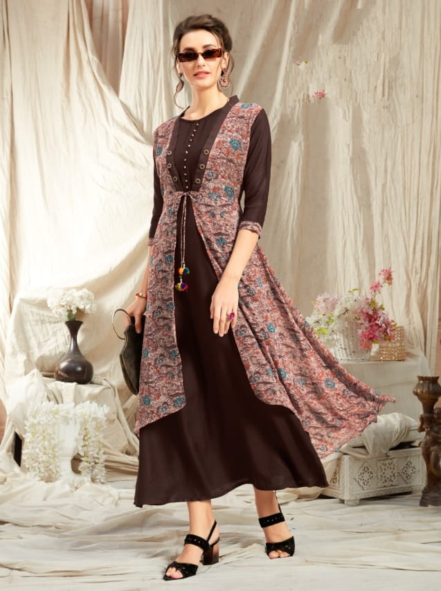 Chocolate Colored Rayon Kurti With Georgette Diamond Jacket For Women Kurti VT2123111C