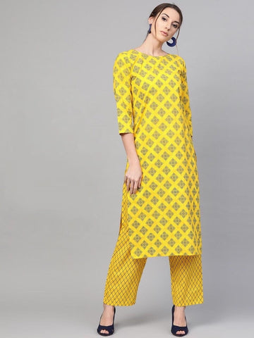 Wedding Wear Yellow Blue Color Geometric Printed Kurti With Plazo AVADH1060104J