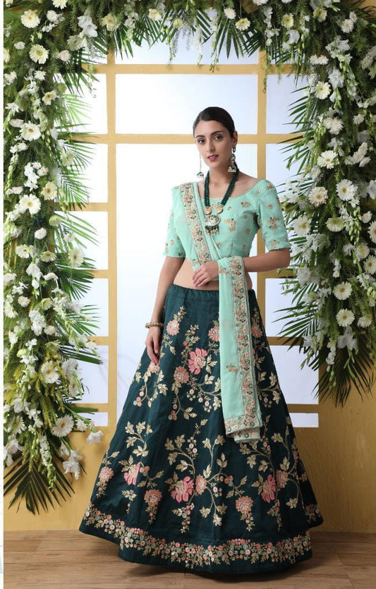 Dark Green Color Designer Silk Zari Thread Embroidered Sequence Work Lehenga Choli