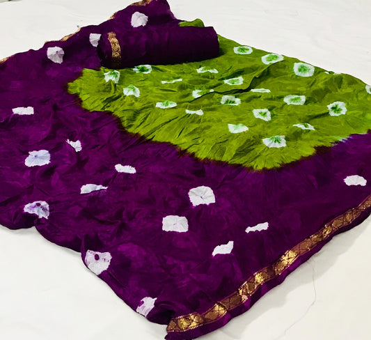 Wine Color Fancy Bandhani Silk Weaving Border Saree Blouse For Wedding Wear