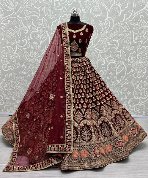 Fancy Dori embroidered and Multi thread work Bridal velvet Lehenga choli