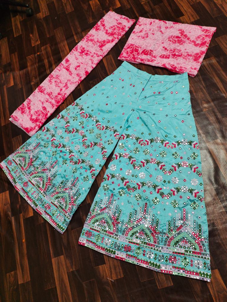 Party Wear Blue Color Embroidered Indo Western Plazzo Top Set For Women