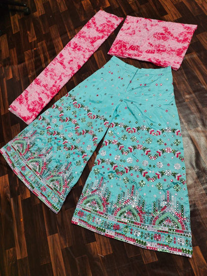 Party Wear Blue Color Embroidered Indo Western Plazzo Top Set For Women