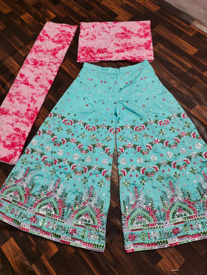 Party Wear Blue Color Embroidered Indo Western Plazzo Top Set For Women