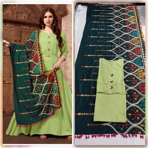 Blooming Light Green Color Function Ready Made Wear Rayon Kurti With All Over Embroidered Work Designer Dupatta