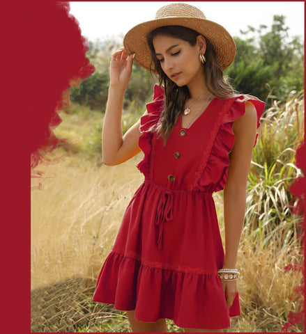 Red Color Street Style Button Front Latest Ruffle A-line Short Western Dress