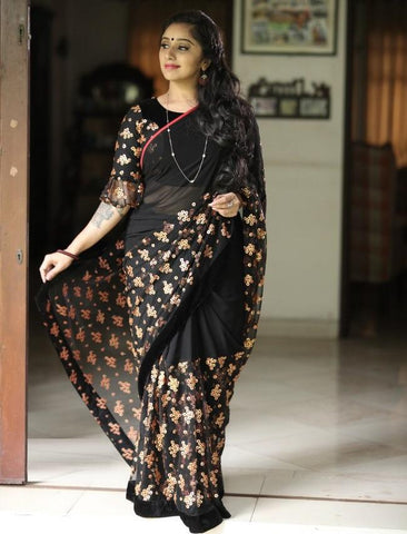 Latest Black Color Georgette Sequence Work Designer Saree