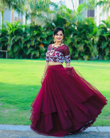 Wine Color Full Flair Net Embroidered Lehenga choli For Women