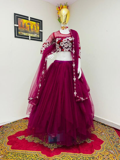 Wine Color Full Flair Net Embroidered Lehenga choli For Women