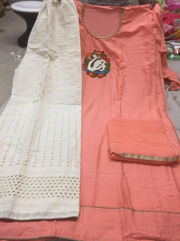 Peach Color Rayon Kurti With Stitched Boring Rayon Plazzo