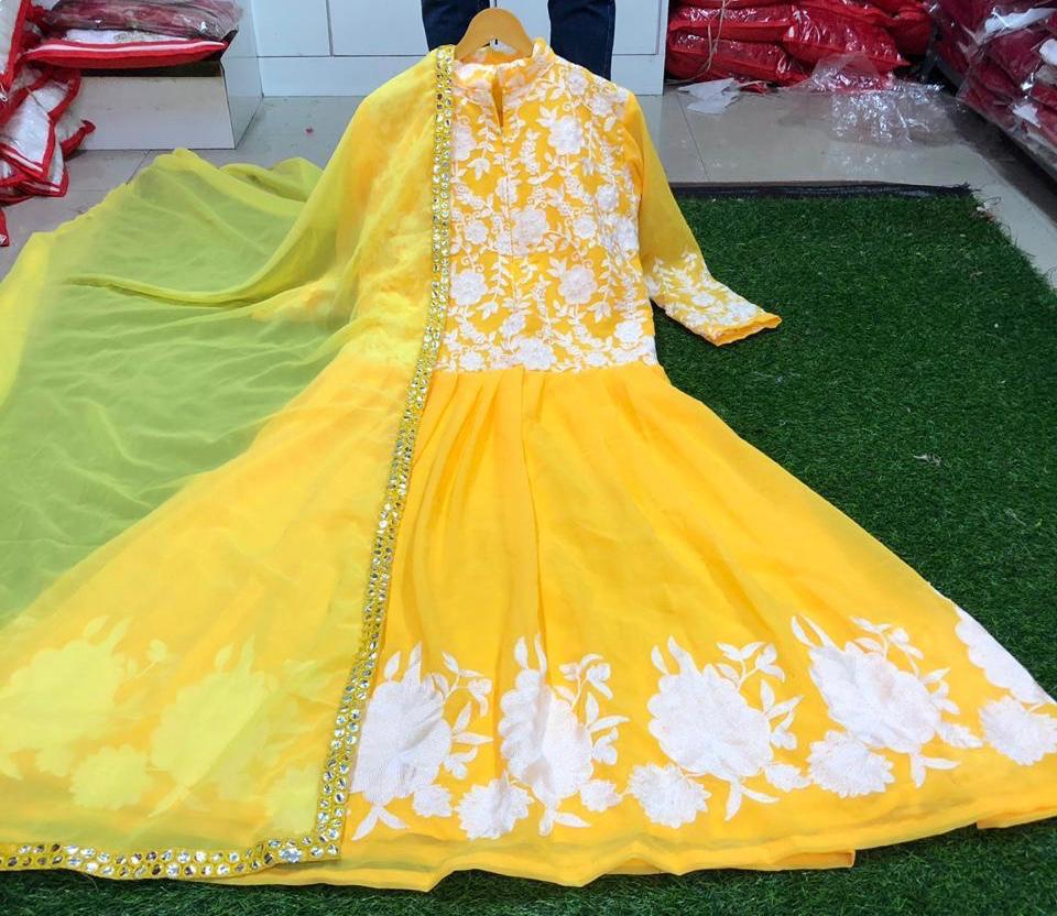 Lemon Yellow Color Georgette White Embroidered Work Readymade Gown with Dupatta