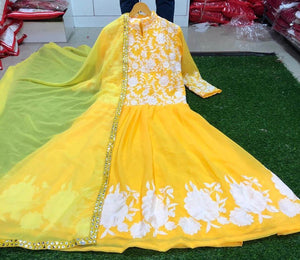 Lemon Yellow Color Georgette White Embroidered Work Readymade Gown with Dupatta
