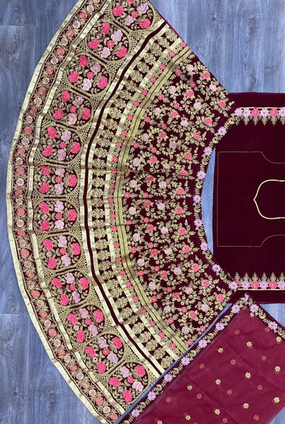 Maroon Color Velvet Bridal Wear Embroidered Lehenga Choli For Women