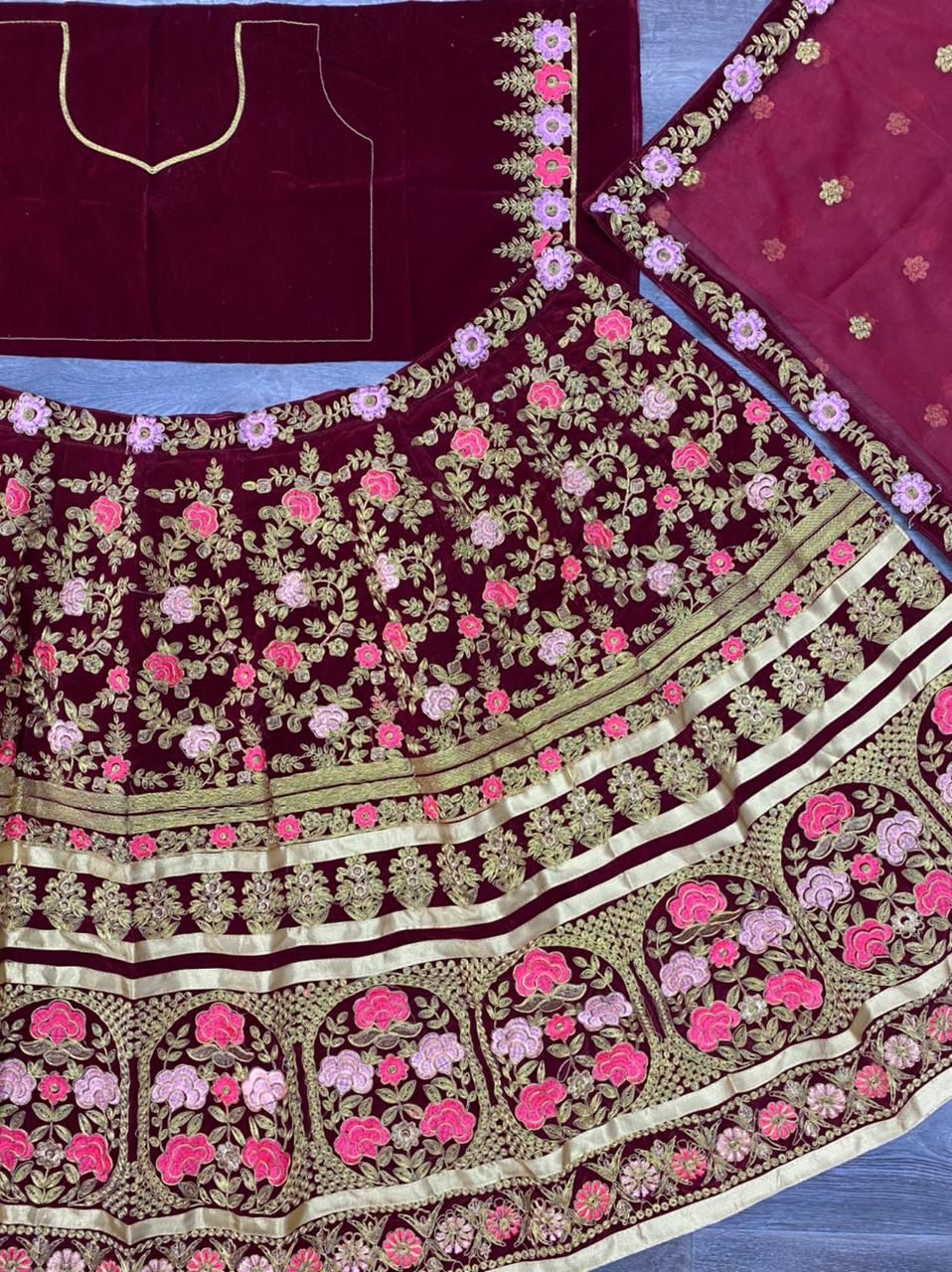 Maroon Color Velvet Bridal Wear Embroidered Lehenga Choli For Women