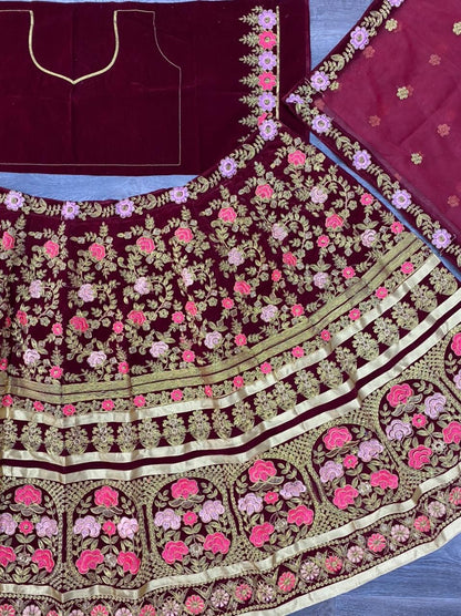 Maroon Color Velvet Bridal Wear Embroidered Lehenga Choli For Women