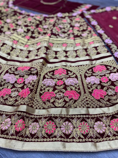 Maroon Color Velvet Bridal Wear Embroidered Lehenga Choli For Women