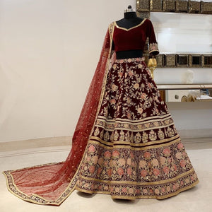 Maroon Color Velvet Bridal Wear Embroidered Lehenga Choli For Women