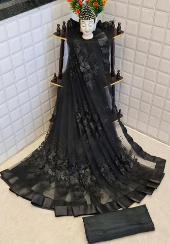 Knockout Black Color Designer Soft Net Embroidered Stone Flower Pearl Work Saree Blouse For Wedding Wear