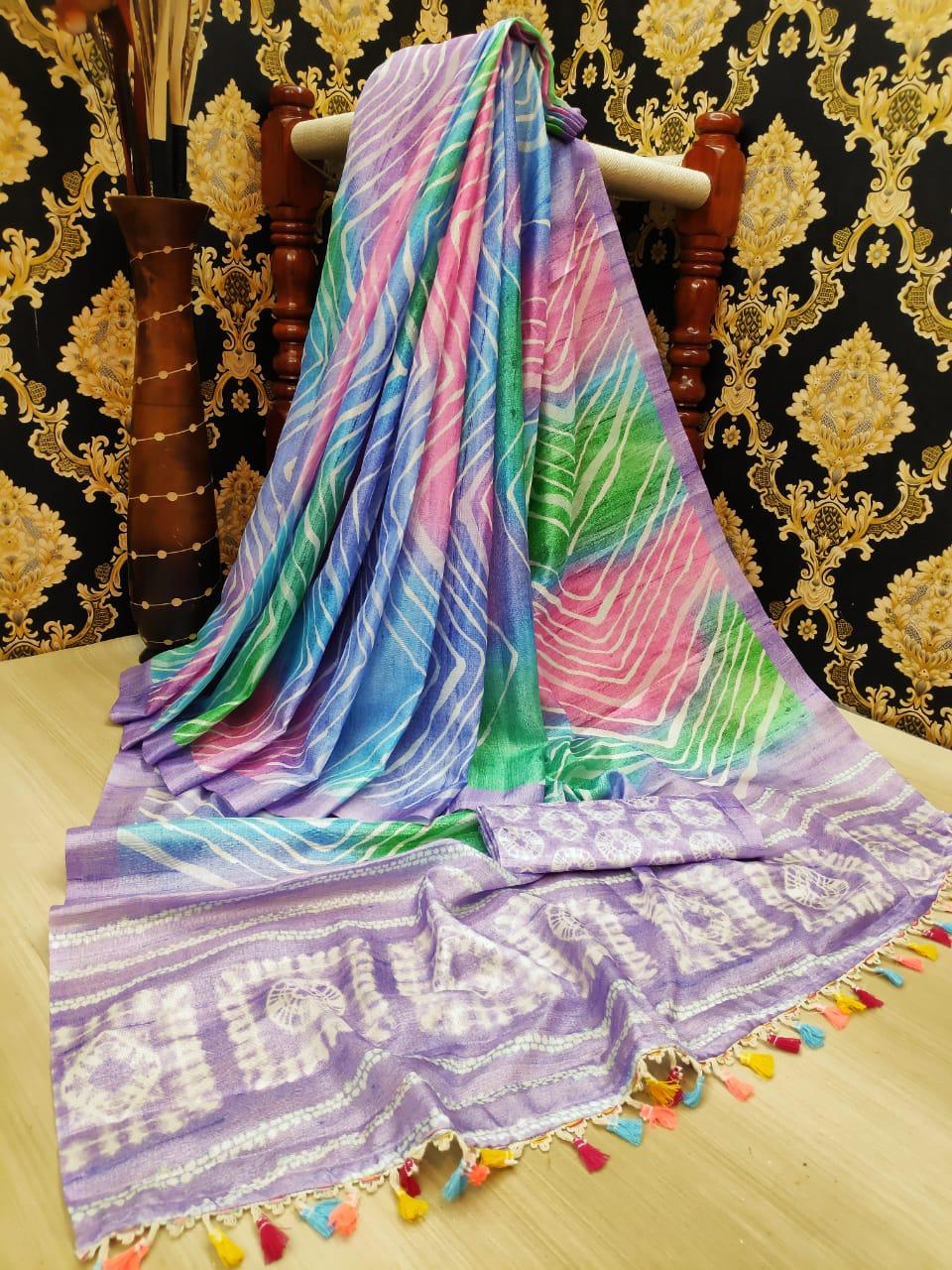 Amethyst Color Lenin Leheriya Digital Printed Saree Blouse For Wedding Wear