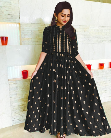 Pleasing Black Color Rayon Long Gown type Kurti for women