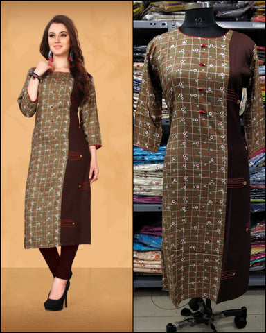Coffee Printed Long Rayon Kurti For Regular Use With Fancy button