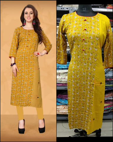 Winsome Yellow  Printed Long Rayon Kurti For Regular Use With Fancy button