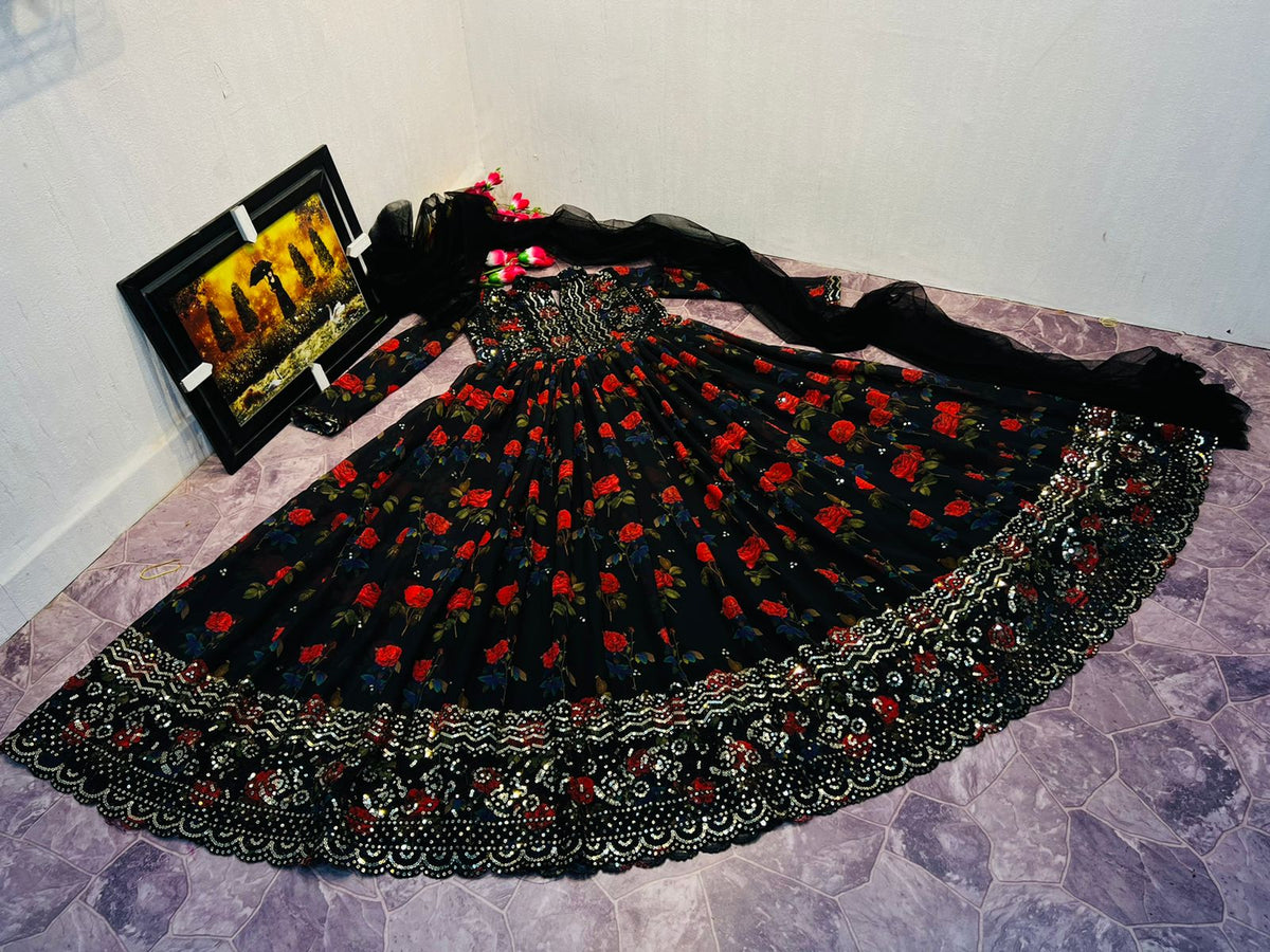 Black Color Stitched Georgette Embroidered Gown